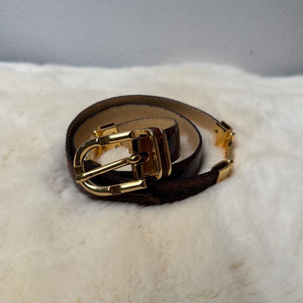 Genuine Crocodile Crocodilo Brown Leather Belt with Gold Buckle Old Money luxury